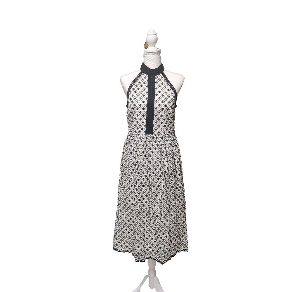Eri+ali by Anthropologie Black/White Lace Embroidered Halter Midi Dress 8